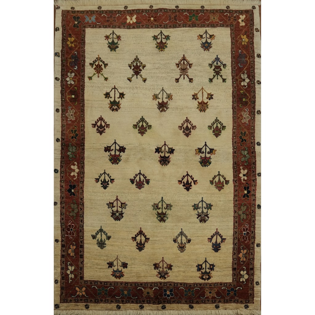 Hand Knotted Oriental 100% Wool Carpet Tribal All-Over Beige & Ivories Gabbeh Area Rug - 6' 4'' X 4' 2''