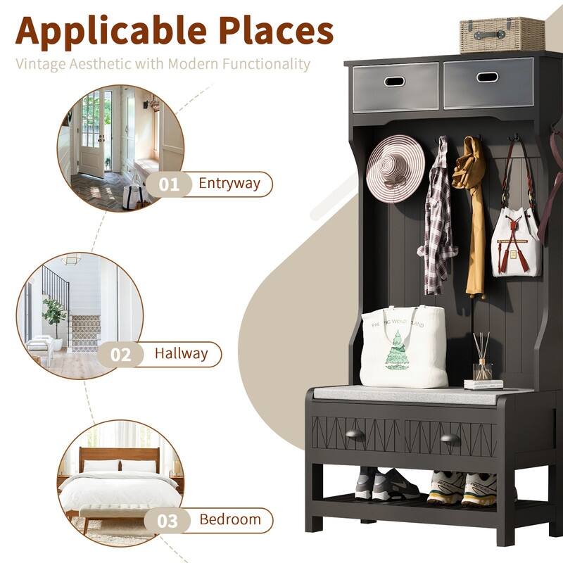 3-in-1 Design Hall Tree with 6 Hooks and Hinged Lid，Entryway Bench with Coat Hanger