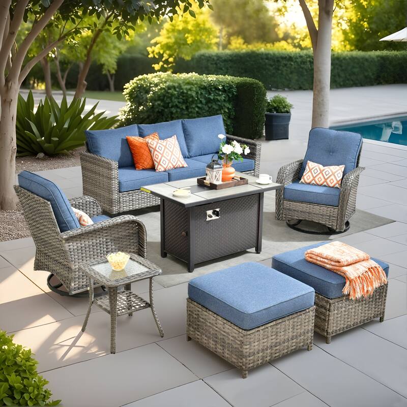 OVIOS 7-piece Patio Wicker Swivel Rocking Chair Set With Fire Pit - Denim Blue