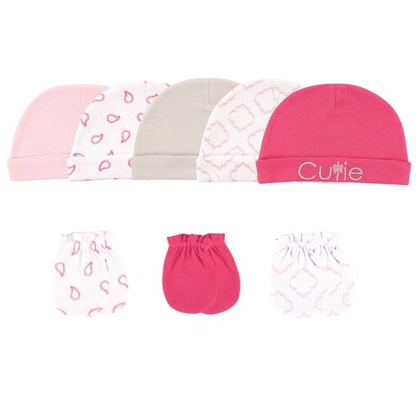 slide 1 of 1, Luvable Friends Baby Girl Cotton Caps and Scratch Mittens 8pk, Cutie, 0-6 Months - Cutie Cutie - 0-6 Months