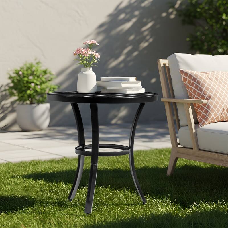 Metal Outdoor Round Side Table, Patio Coffee Bistro Table for Indoor Outdoor - Black