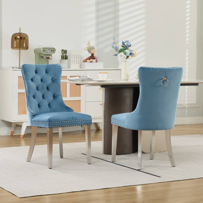 Velvet Dining Chairs Set of 2, Button Tufted Upholstered Dining Chair, Kitchen Chairs with Nailhead Trim & Stainless Steel Legs