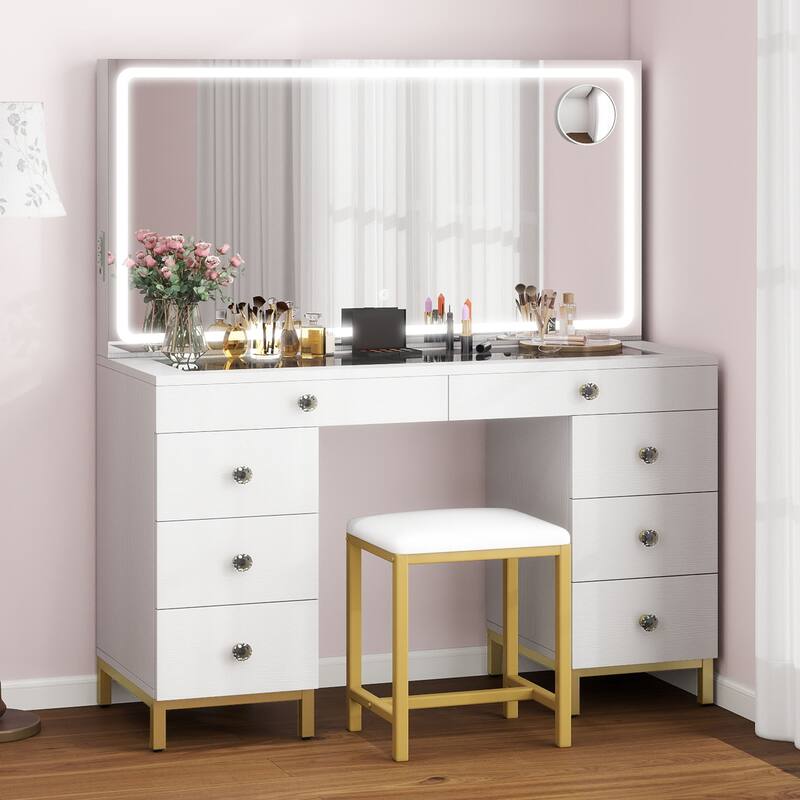 Moasis 45.5" Modern Vanity Table, 8 Drawers, Lights, Mirror, Power Outlet
