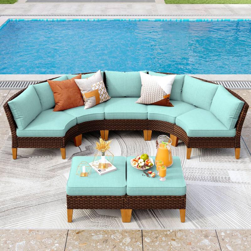 12-Seat Outdoor Wicker Half-Round Furniture Set, Half-Moon Sectional Sofa All Weather Curved Conversation Set - 7-Seat - TypeE
