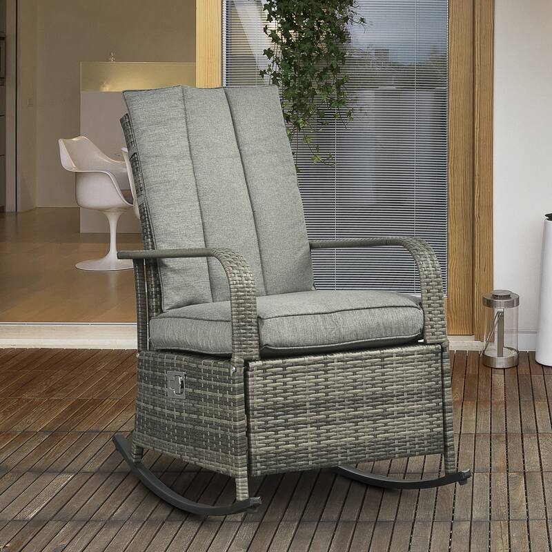 Outsunny Outdoor Wicker Rattan Recliner Rocking Cushioned Chair with Footrest & 135 Degrees of Comfort - Mixed Grey/Grey