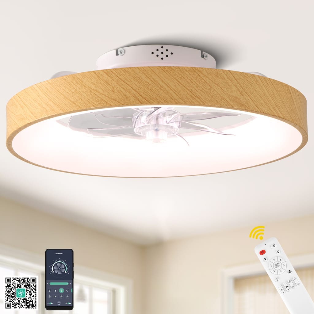 Bella Depot 20" Modern Wood-Look Flush Mount Ceiling Fan with Light and Remote Dimmable RGB Light