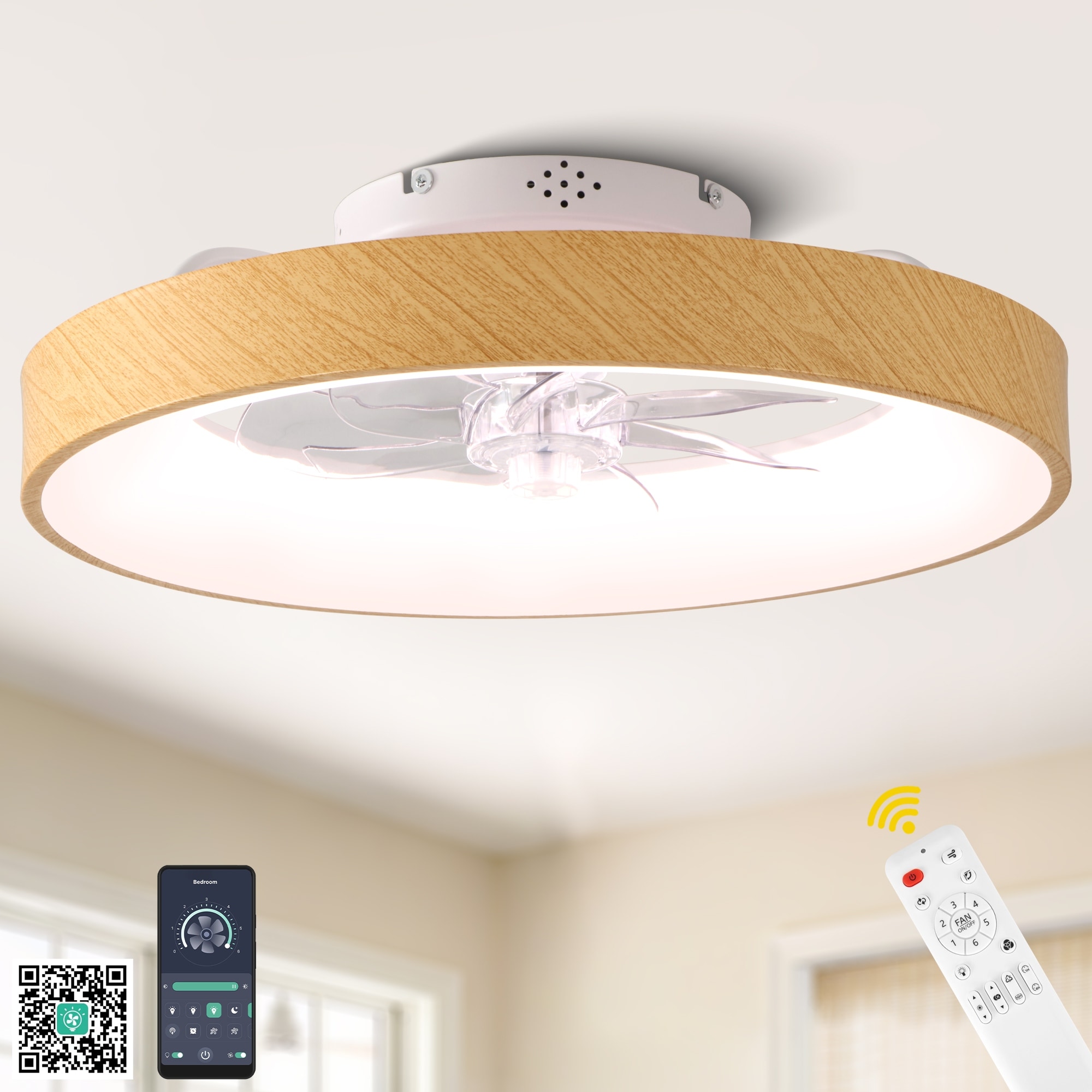 20" Modern Flush Mount Ceiling Fan with Dimmable RGB LED Light Remote& APP Control 6-Speed Reversible DC Motor