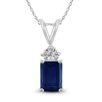 Marquee 14K White Gold 6x4MM Emerald Shaped Sapphire and Diamond Pendant