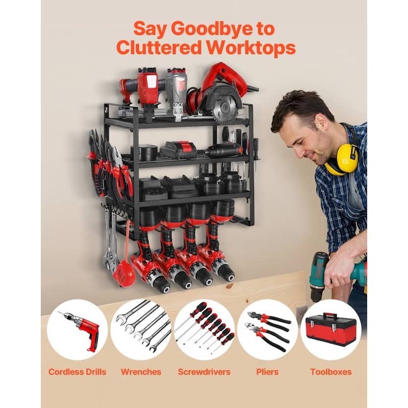 4-Tier Black Wall-Mounted Power Tool Rack with Drill Slots Shelves and Hooks for Garage Storage - 19.29” x 7.87” x 14.57”