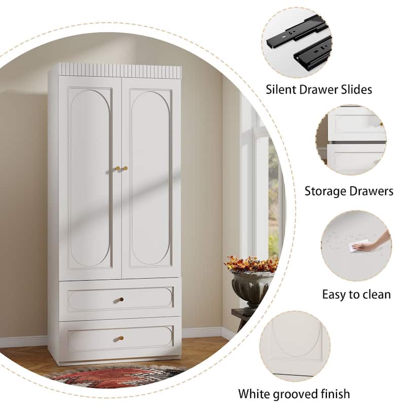 Large White Wardrobe Closet with Drawers & Doors, Modular Armoire with Hanging Rods, Apartment & Dorm Storage