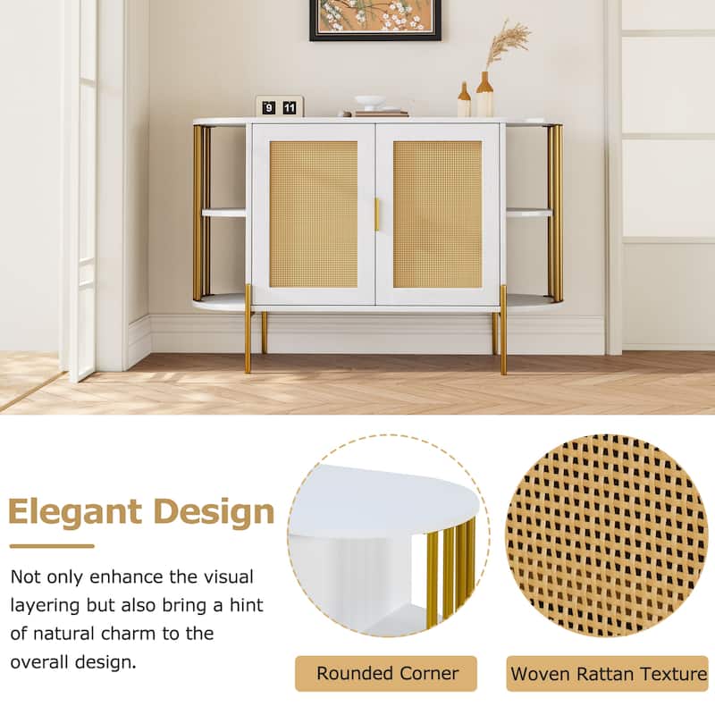 2-Door Storage Cabinet with Woven Rattan Doors, Buffet Sideboard with Gold Trim, Console Table with Curved Open Shelves