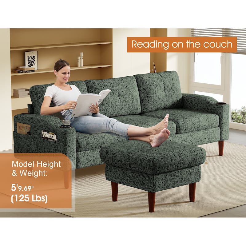 3 Seater L-shaped Sectional Sofa with Storage Ottoman, Built-in USB Ports, Cup Holders and Side Pockets for Living Room