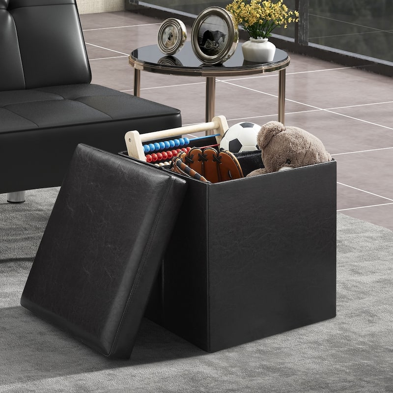 Faux Leather Folding Storage Ottoman Cube