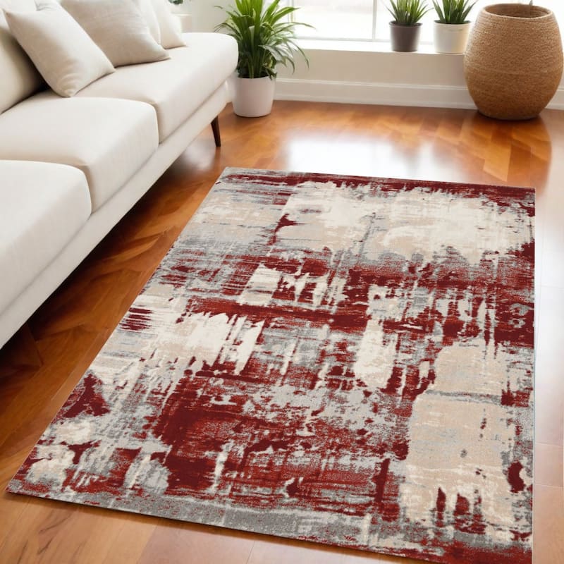 Hire Power Loomed Abstract Modern Non Skid Stain Resistant Area Rug By HomeRoots - 87' X '63' X '0.5 - 87' X '63' X '0.5 - Red - Rectangle