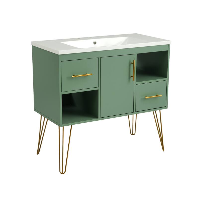 Freestanding Green Storage Cabinet for Bathroom Vanity with Resin Sink, 2 Drawers, 2 Storage Compartments and Gold Handles