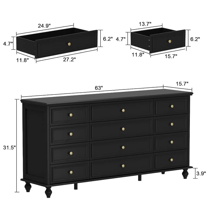 63" Wide 9/12 Drawer Dresser for Bedroom, Modern Farmhouse Double Dresser with Gold Knobs, Large Storage Chest