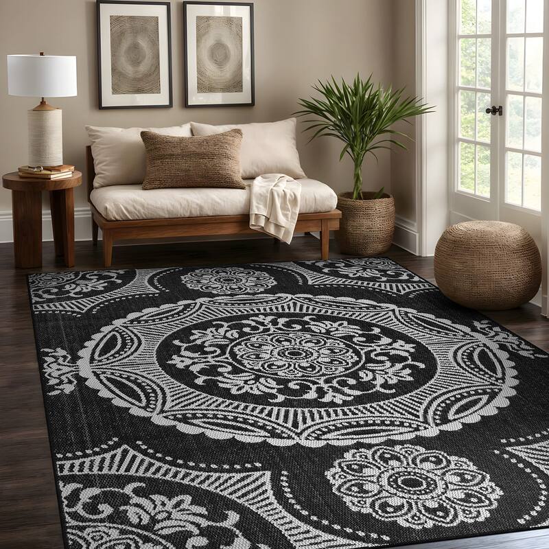 Beverly Rug Blue Medallion Indoor Outdoor Rug, Outside Carpet for Patio, Deck, Porch