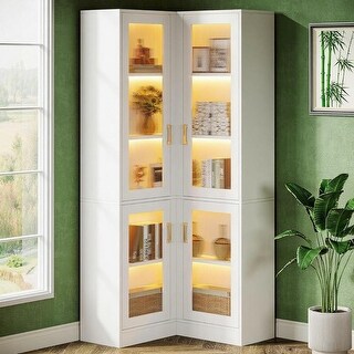 Storage Cabinets Led Rounded White L-Shaped LED Display Cabinet with 5 Adjustable Shelves Gold ...
