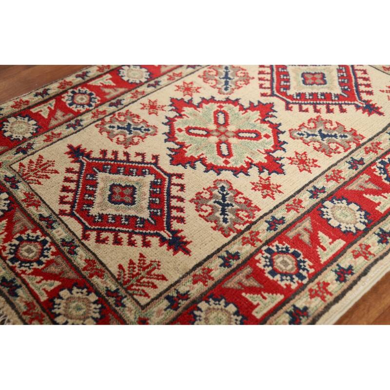 Geometric Kazak Oriental Rug Handmade Traditional Beige Wool Carpet - 2'0" x 3'0"
