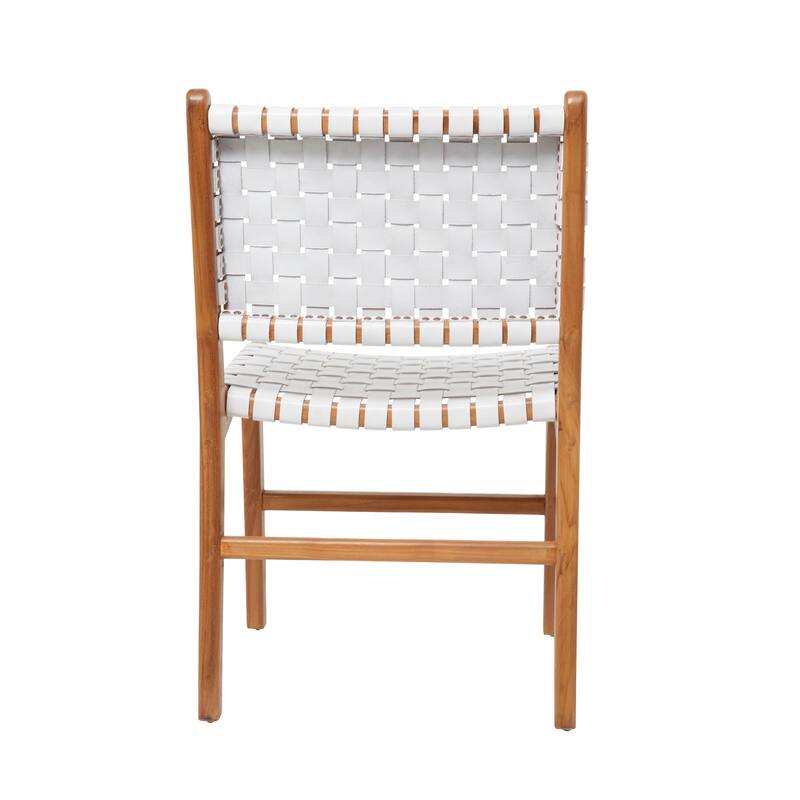 Brown, Black, White Leather Handmade Woven Kitchen Dining Chair with Teak Wood Frame