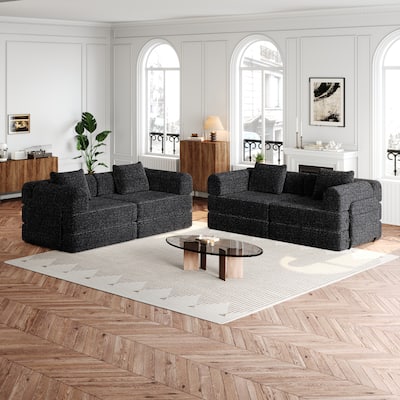 Set of 2 Loveseat Couch Chenille Modular Splicing Sectional Sofa Convertible Sleeper Sofa Bed with Side Pockets and Pillows