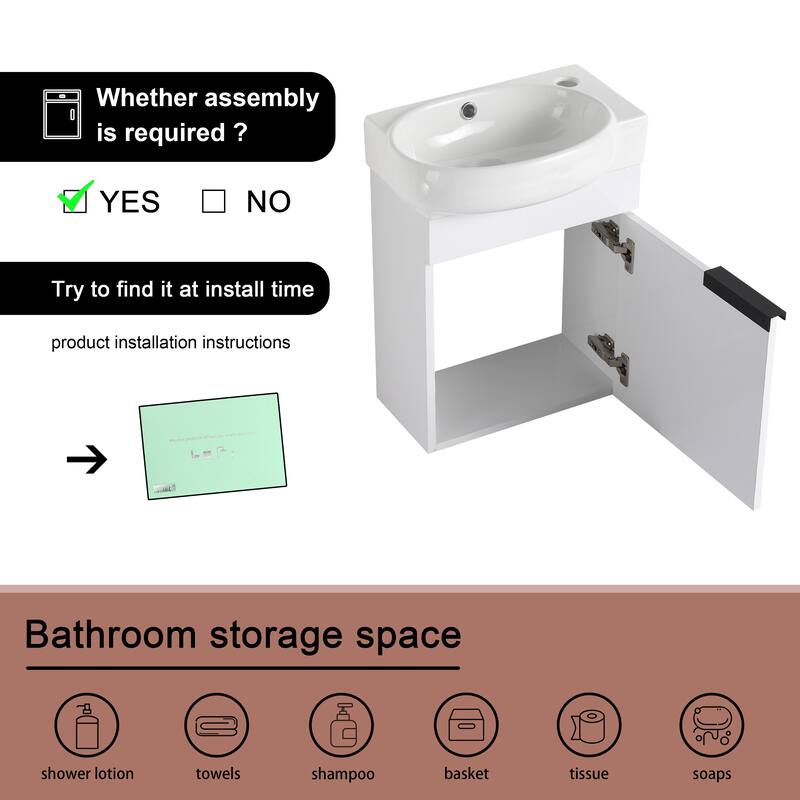 BNK 16''/23'' Bathroom Vanity with Sink, Freestanding/Floating Bathroom Vanity with Soft Close Doors & Shelf ﻿