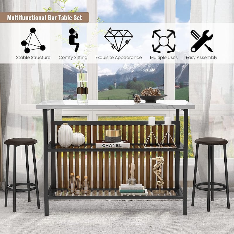 Mieres Kitchen Island with 2 Stools and Open Shelves