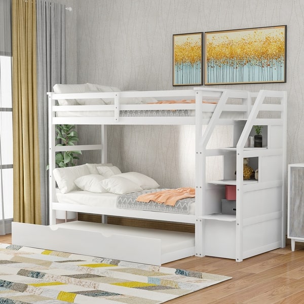 slide 2 of 15, Multifunctional Design Bunk Bed with Twin size Trundle, Maximized Storage Space, Twin over Twin, White White