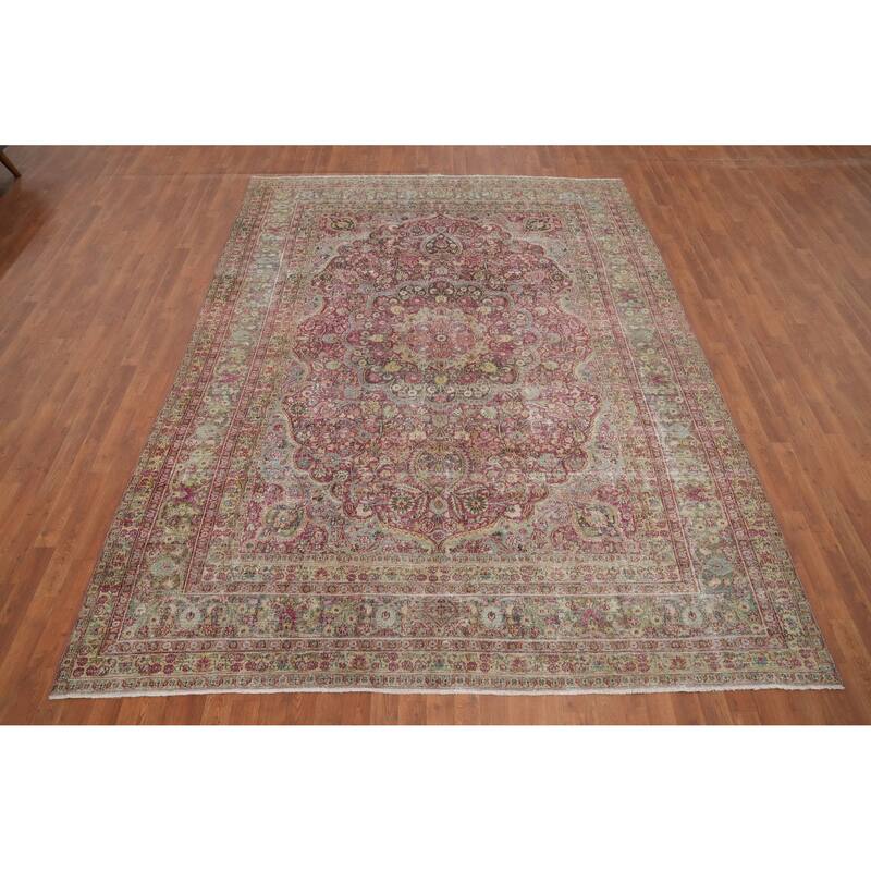 Hand Knotted Oriental 100% Wool Carpet Traditional Floral Pink Mashad Area Rug - 11' 1'' X 7' 11''