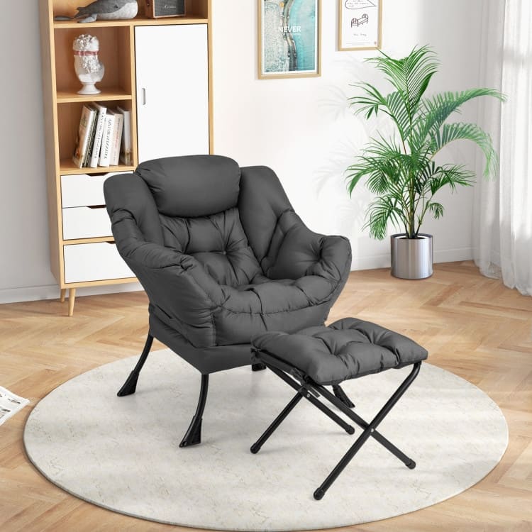 Modern Accent Sofa Chair with Folding Footrest and Side Pocket - 29.5" x 32" x 37.5" - Grey
