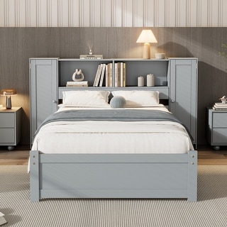 Twin Platform Bed with Storage Headboard, Lockers & Pine Wood Frame, Grey