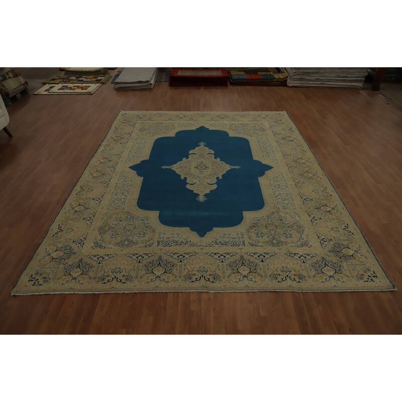 Hand Knotted Oriental 100% Wool Carpet Traditional Medallion Navy Blue & Blues Kerman Area Rug - 12' 3'' X 9' 7''