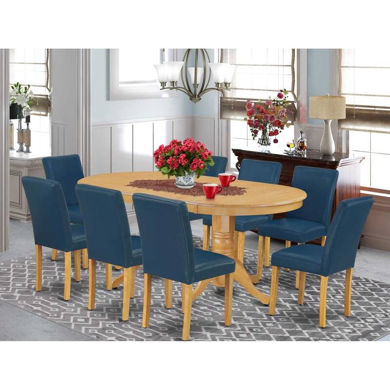 Kitchen Dining Set 9pc Table w/ Leaf & 8 Chairs - Oasis PU Leather & Oak Leg