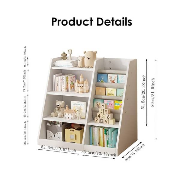 dimension image slide 3 of 4, Kids Bookshelf and Toy Storage Organizer with Adjustable Shelves for Playroom, Nursery, and More