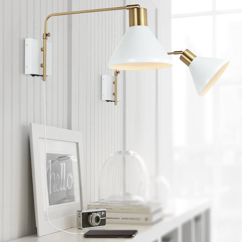 Justina Swing Arm 1-Light Modern Midcentury Iron USB Charging Port LED Sconce, by JONATHAN Y