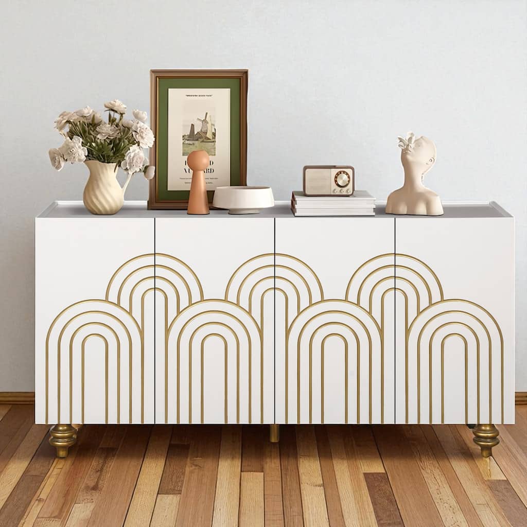 Modern Fluted Sideboard Buffet with Adjustable Shelves, Gold Base & 4 Doors for Kitchen or Dining Room