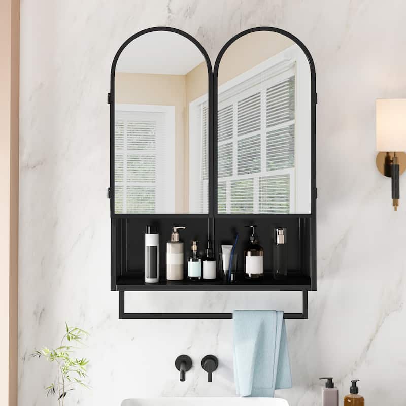 Mirror Cabinet with 2 Arched Doors, Wall Mounted Bathroom Medicine Cabinet, Metal Wall Cabinet with Open Shelf & Towel Rack - Black