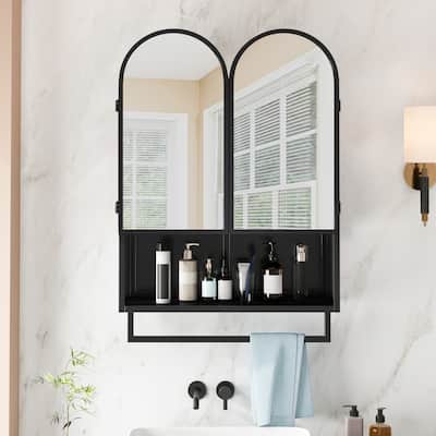 Mirror Cabinet with 2 Arched Doors, Wall Mounted Bathroom Medicine Cabinet, Metal Wall Cabinet with Open Shelf & Towel Rack