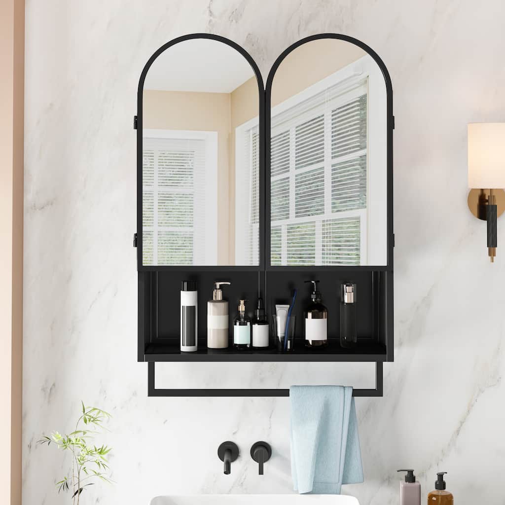 Mirror Cabinet with 2 Arched Doors, Wall Mounted Bathroom Medicine Cabinet, Metal Wall Cabinet with Open Shelf & Towel Rack