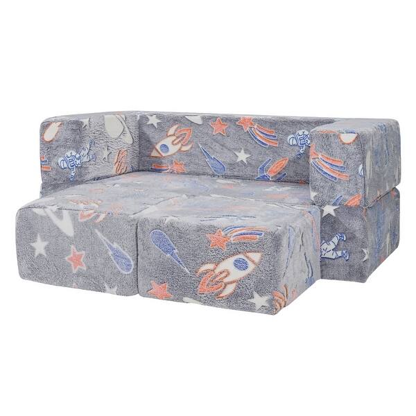 slide 2 of 10, Pure Grey Velvet Modular Kids Sofa Bed with Glow Fabric and Safe Zippers - 39.37” L x 39.37” W x 7.87” H Pure Grey