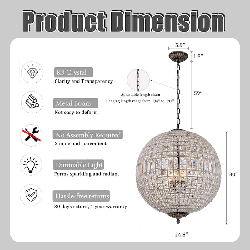 1/3/5-Light Vintage And Glam Antique Bronze Crystal Globe Chandelier Ornate Sphere Pendant Light
