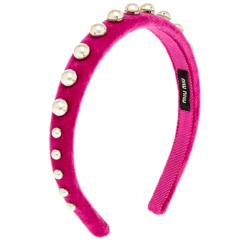 Miu Miu Velvet Faux Pearl Embellished Headband - Pink