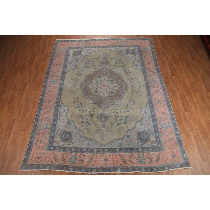 Hand Knotted Oriental 100% Wool Carpet Traditional Floral Green Tabriz Area Rug - 12' 0'' X 9' 4''