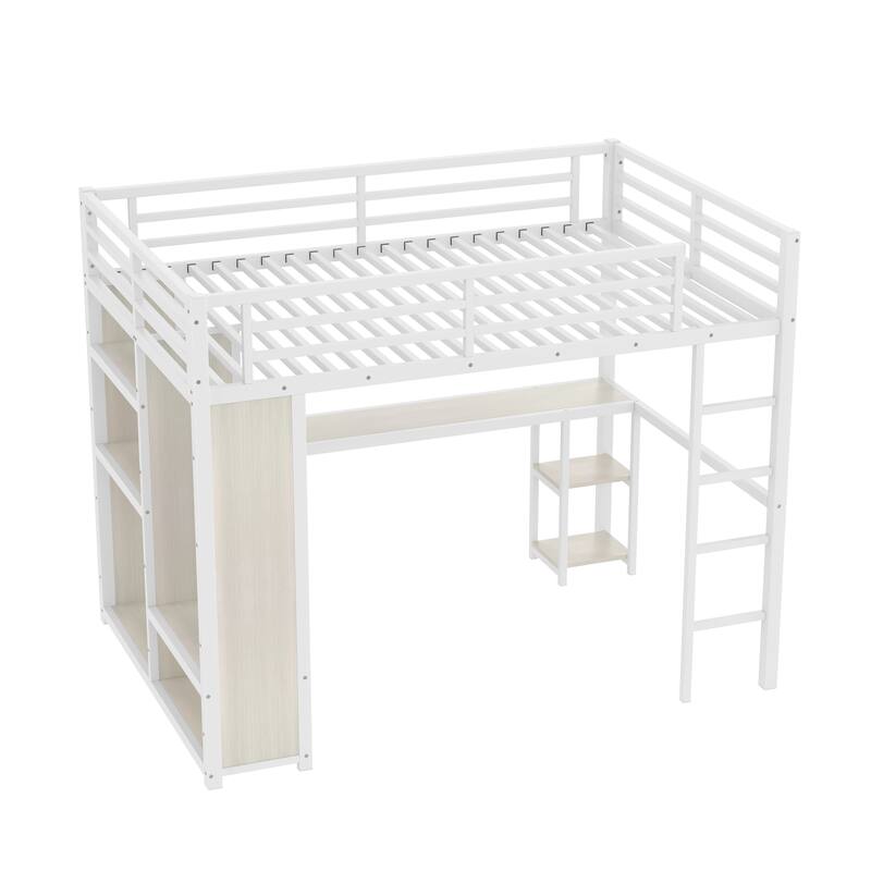 Queen Size Loft Bed with Wardrobe, Desk, and Storage Shelves in White Wood-grain Finish