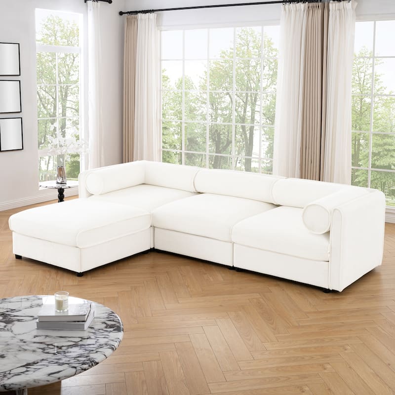 Chenille L-Shaped Sofa with Storage, 3-Seater Couch with Ottoman, Cylindrical Backrests & Armrests, Modern Modular Sofa