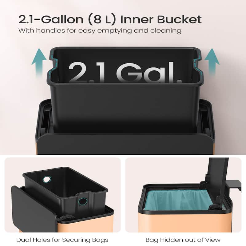 2.1 Gallon Hanging Trash Can with Lid for Kitchen Cabinet Wall Mounted or Countertop Use