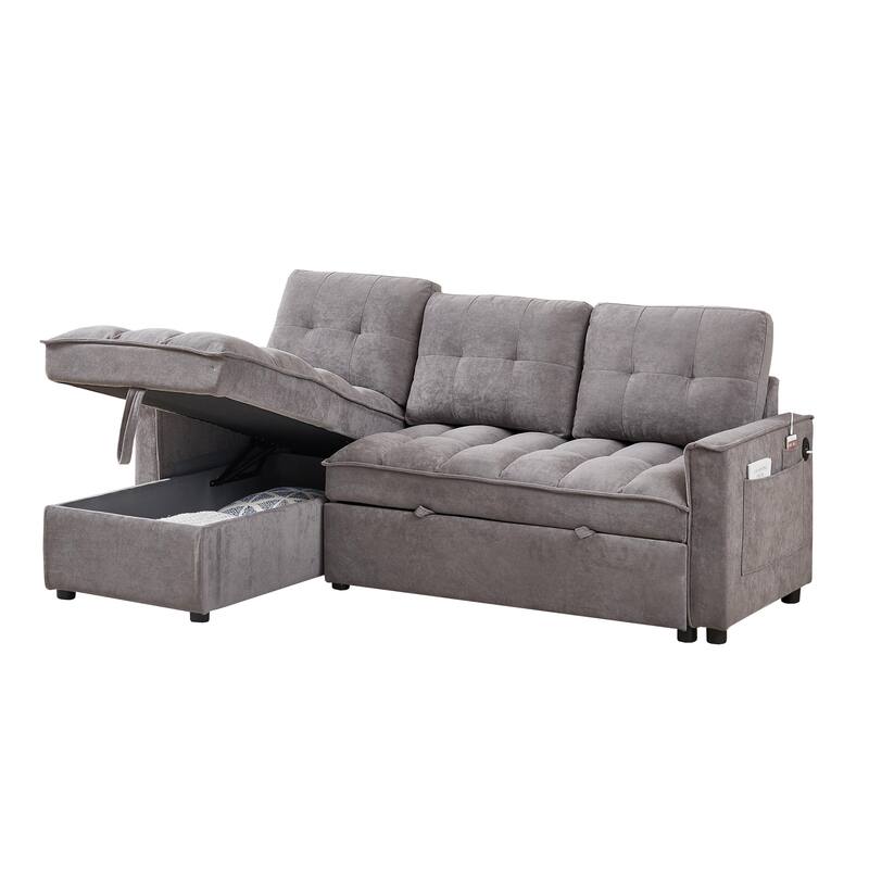 78.75" Chenille Pull-Out L-Shaped Sectional Sofa Bed with Charging Ports and Storage Chaise
