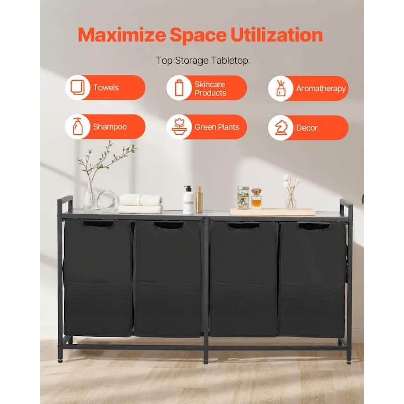 4-Compartment Laundry Hamper with Waterproof Fabric Bags and Carbon Steel Frame 48.68 Gal Capacity - 51.65 x 12.99 x 27.95 in