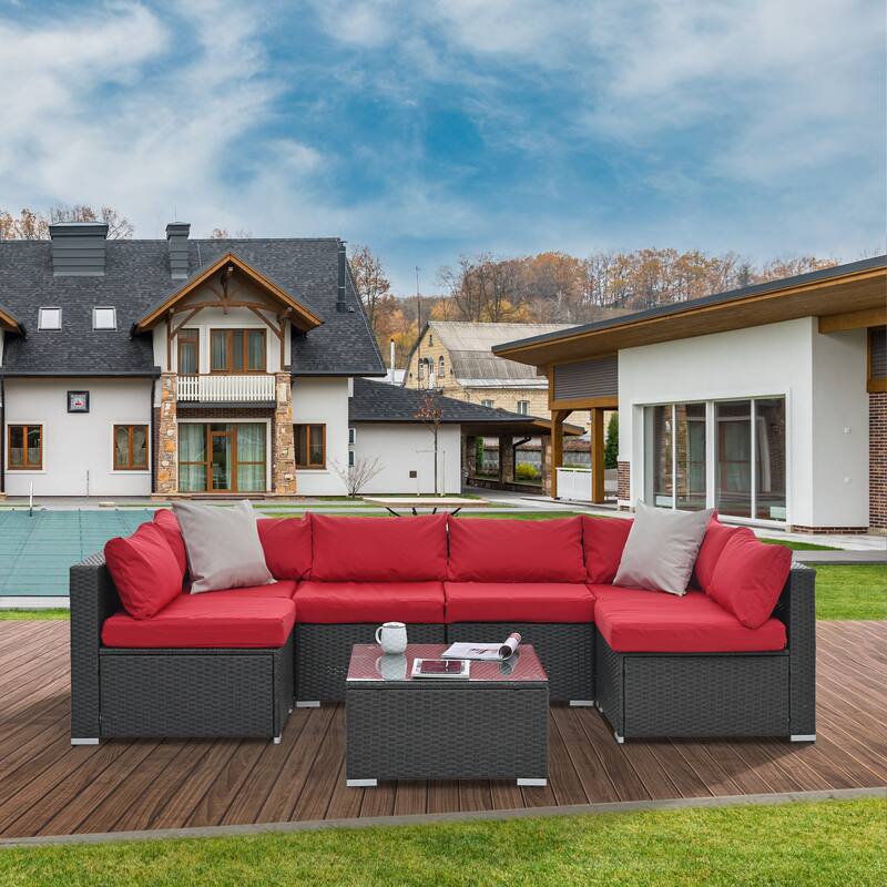 7-piece Outdoor Patio Sectional Set with Glass Table
