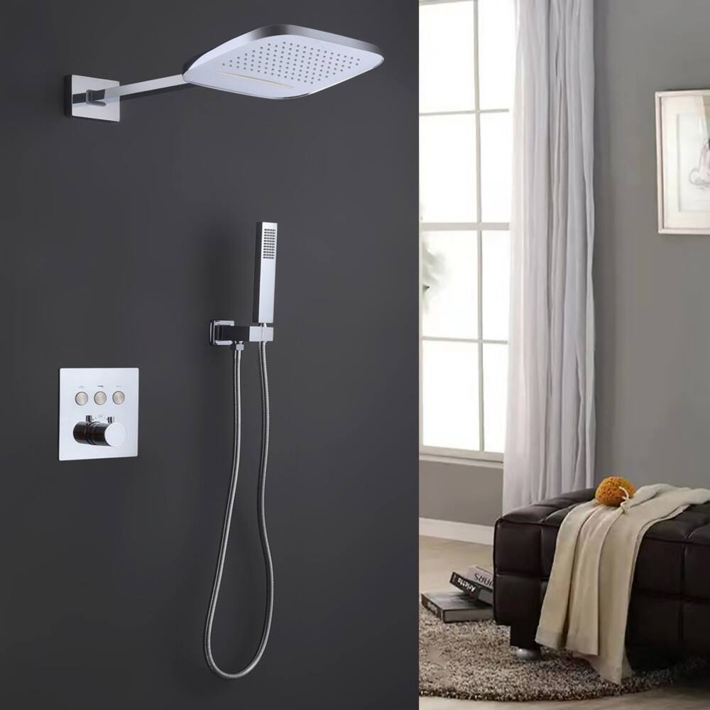 Modland 3-function Square Thermostatic Rainfall Shower System with High-pressure Handheld Shower, Black/Nickel/Chrome
